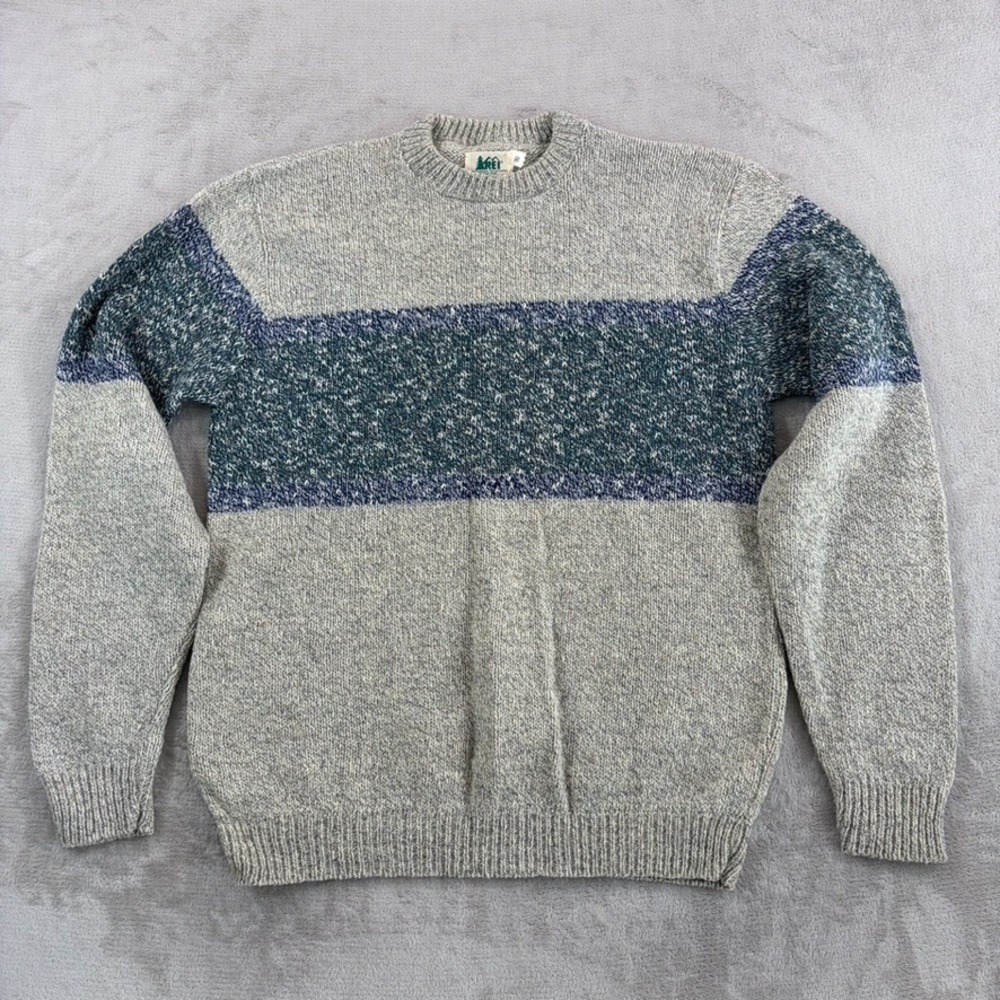 Vintage REI Wool Knit Crew Neck Sweater‎ in Grey Striped Men XLT Fishermen NWOT
